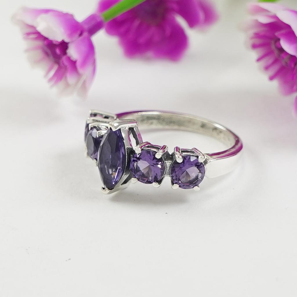 Multi Amethyst Ring, Eternity Band Ring, Handmade 925 Sterling Silver, Marquise Round Stone Ring, Wedding Ring, Purple Gemstone Ring