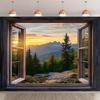2D Printed Open Window Backdrop Mountain Sunset with Pine Trees Background Cloth