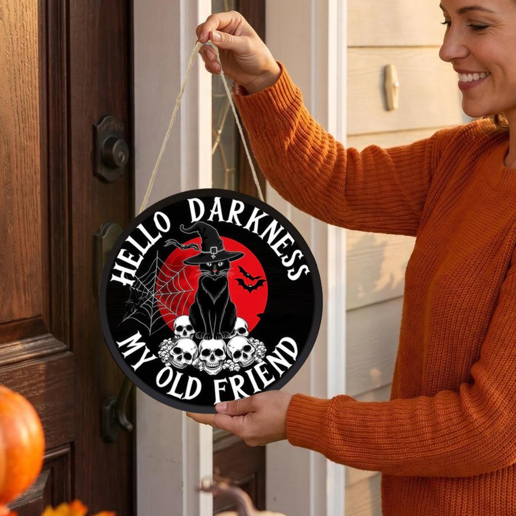Halloween LED Light-Up Hanging Sign Featuring Ghost Cat Pumpkin Floral Design with Battery Not Included Suitable for Indoor Outdoor Decoration