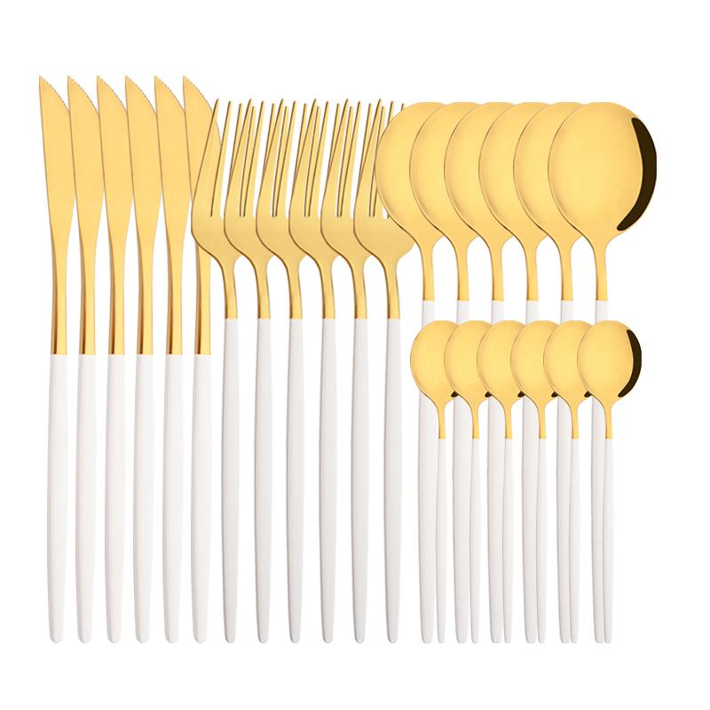 6People Luxury Gold Dinnerware Set Stainless Steel Tableware Set Knife Fork Spoon Flatware Cutlery Set Silverware Bright Light