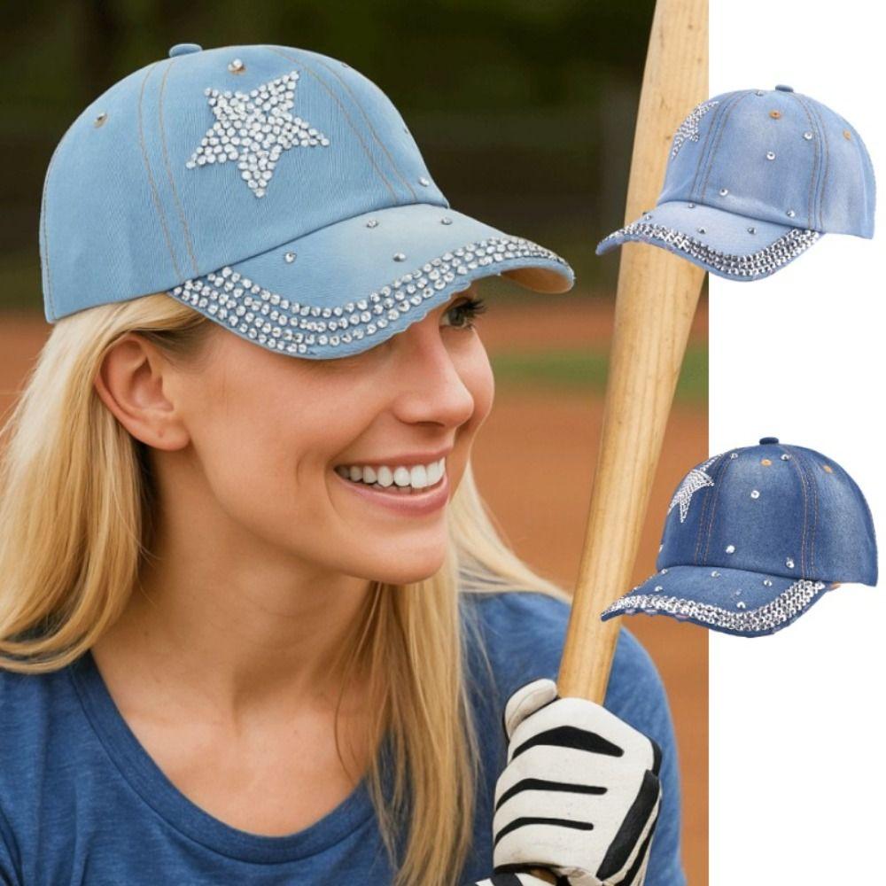 Fashion Shiny Denim Baseball Cap Y2K Adjustable Hip Hop Snapback Rhinestone Star Peaked Hat Women