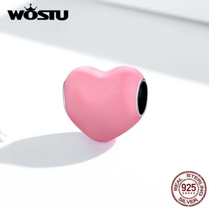 

WOSTU эмаль гладкая красная, розовая и синяя трехцветная подвеска в форме сердца из стерлингового серебра 925 пробы подходит для браслета ювелирных изделий розовый