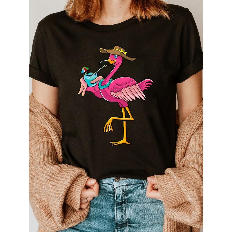 Blue Collar Pink Flamingo Drinking Beverage Fashion Letter Print T-shirt, Short Sleeve Crew Neck Casual Top for Summer & Spring, Women's Clothing