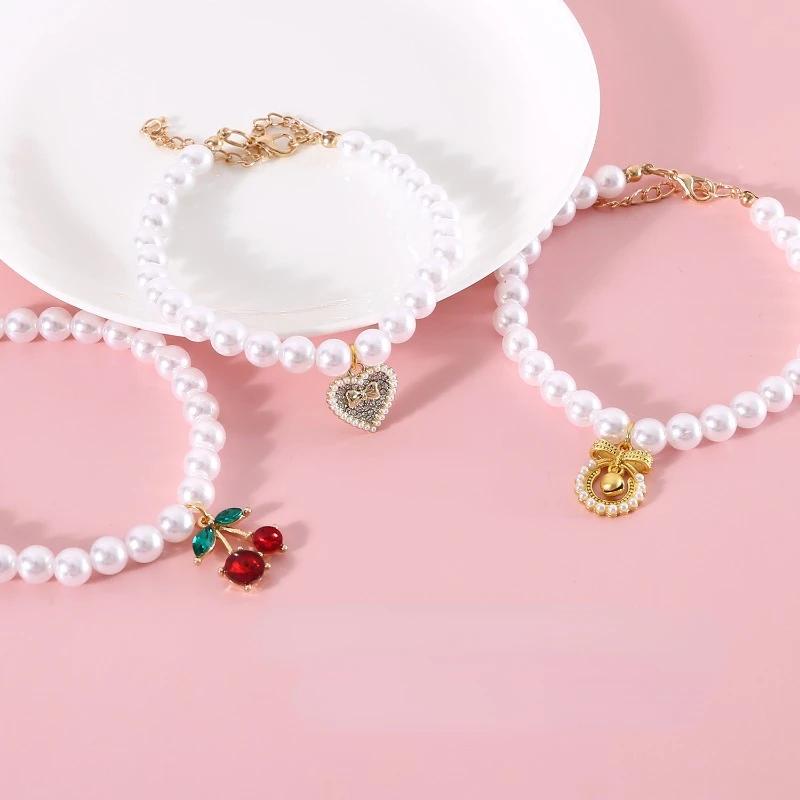 INS Adjustable Sweet Pet Pendant Necklace Princess Style Pet Pearl Necklace Pet Accessories Adjustable Cat Collar Necklace