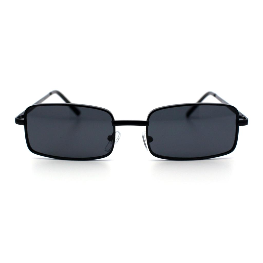 SA106 Men's Retro Vintage Narrow Rectangular Pongee Metal Sunglasses, All Black, 5 12" (140mm) x 1 14" (32mm)