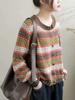 Johnature Women Vintage Knitted Sweaters O-Neck Long Sleeve Striped Spring Soft Patchwork Pockets Sweaters
