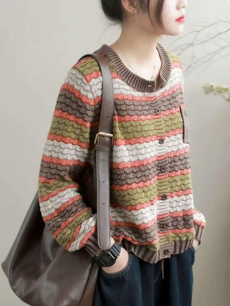 Johnature Women Vintage Knitted Sweaters O-Neck Long Sleeve Striped Spring Soft Patchwork Pockets Sweaters