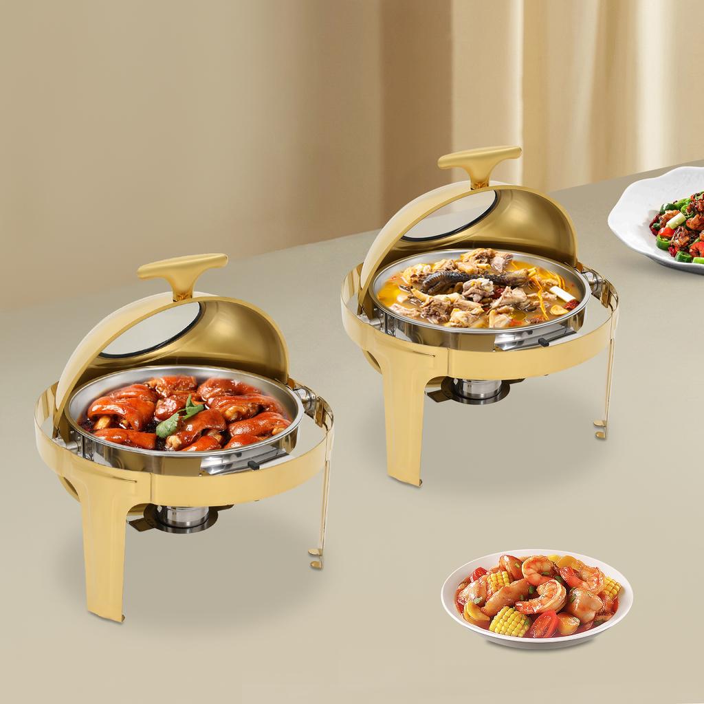 2/3 Items Stainless Steel Chafing Dish Buffet Set, Gold Round Chafer Countertop 47*47*45cm for Catering