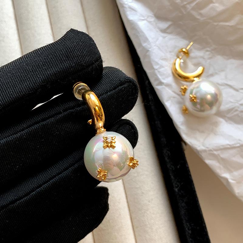 S Sterling Silver Needle Star Pink Pearl Stud Earrings Femininity Earrings Ears