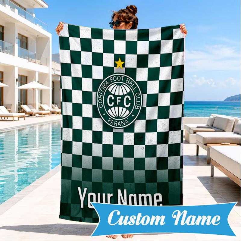Custom Name Coritiba Football Club Emblem Personalized Microfiber Beach Towel, Quick-Dry, Ideal for Summer Travel, Beach Essential, Swimming