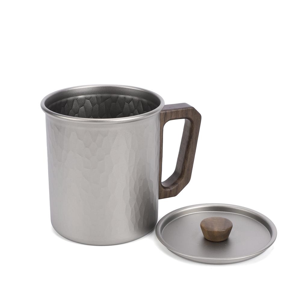Ti Camping Cup 450ml with Wood Handle Lightweight Coffee Mug with Lid and Spoon for Outdoors Hiking Cup with Spoon