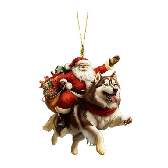 Santa Claus Dog Christmas Ornaments Funny Santa Claus Riding Puppy Ornaments 2D