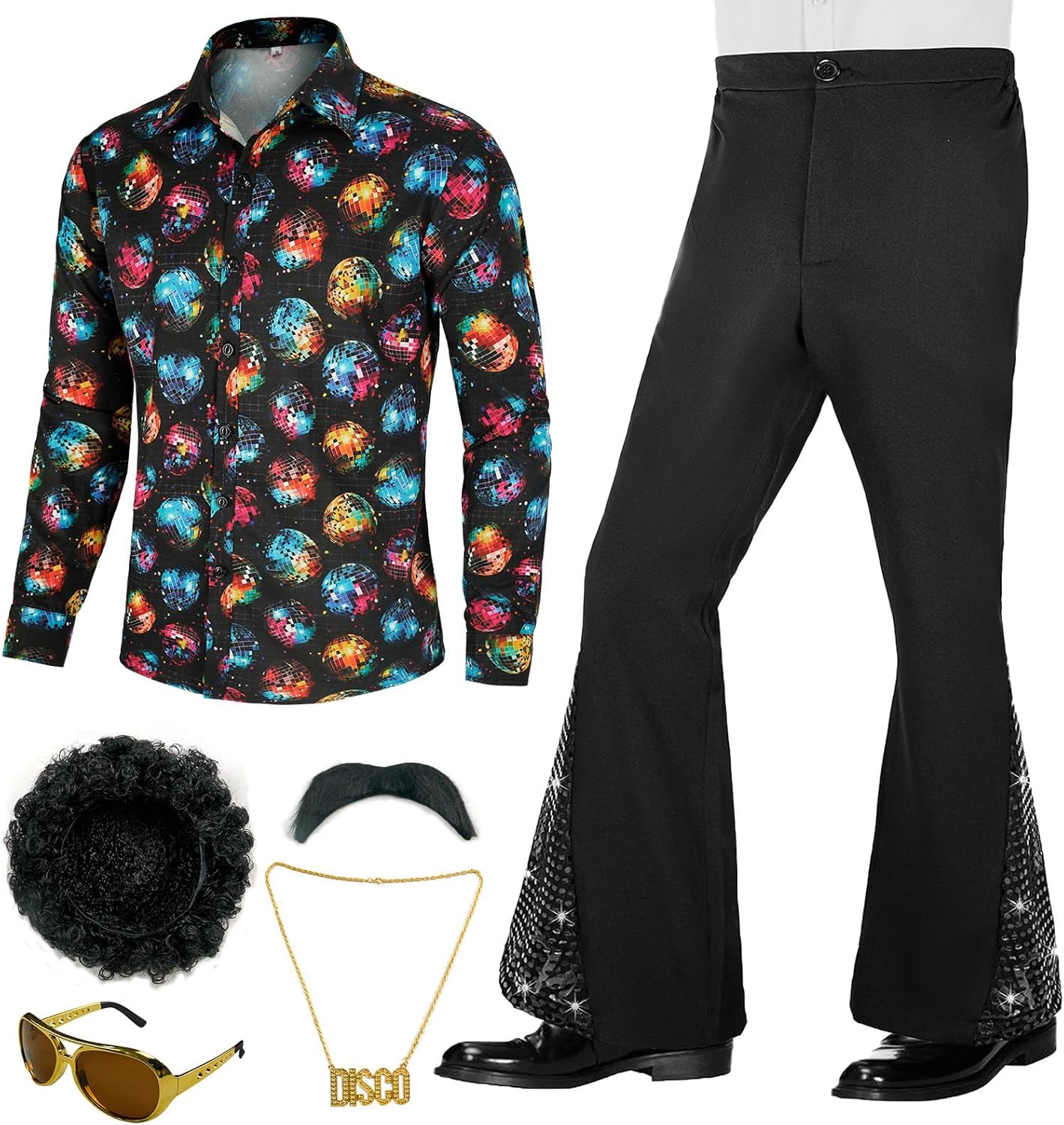 Jaren '70 Outfits voor Mannen 6 Delig Disco Outfit Retro Kostuum met Flare Broeken Volwassen Disco Zanger Dansen Glanzende Outfit Nieuw L black