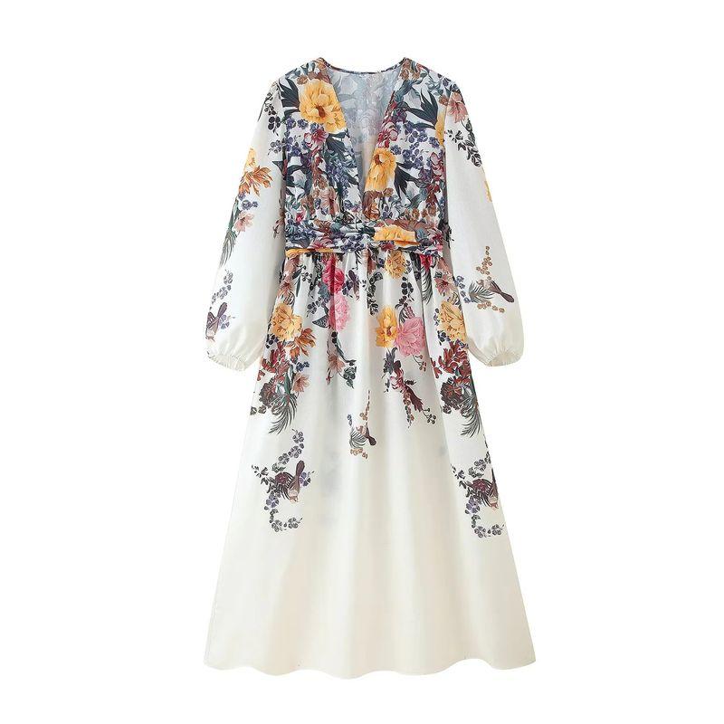 

Summer New Product Women s Clothes Seaside Vacation Style Positioning Printed V-neck Long Sleeves A- line High Waist Midi Skirt Long Dress Flower color L