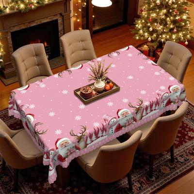 Christmas Atmosphere Tablecloth Santa Elk Snowman Print Pink Round Table Cloth Rectangular Coffee Table Cloth