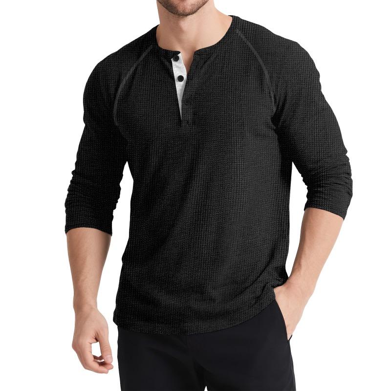 Men's Autumn and Winter Long-sleeved Henley Shirt Retro T-shirt Three-button Color Matching Sweater