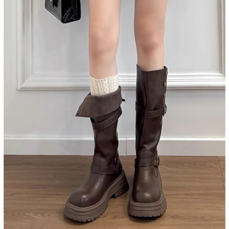 Cowhide version~ thick-soled heightening boots women's autumn and winter versatile British style thick heel Maillard retro knight boots