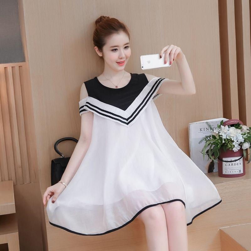 New Arrival: Large Size Off-Shoulder Chiffon Dress for Pregnant Women - Korean Style, Mid-Length, Short-Sleeved, Perfect for Spring & Summer