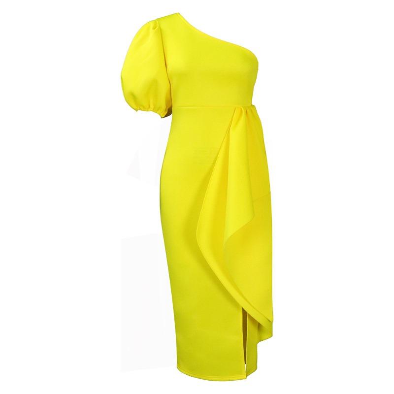 

Women s clothing summer new diagonal neck split ruffle edge dress skirt sexy even XXXL жовтий