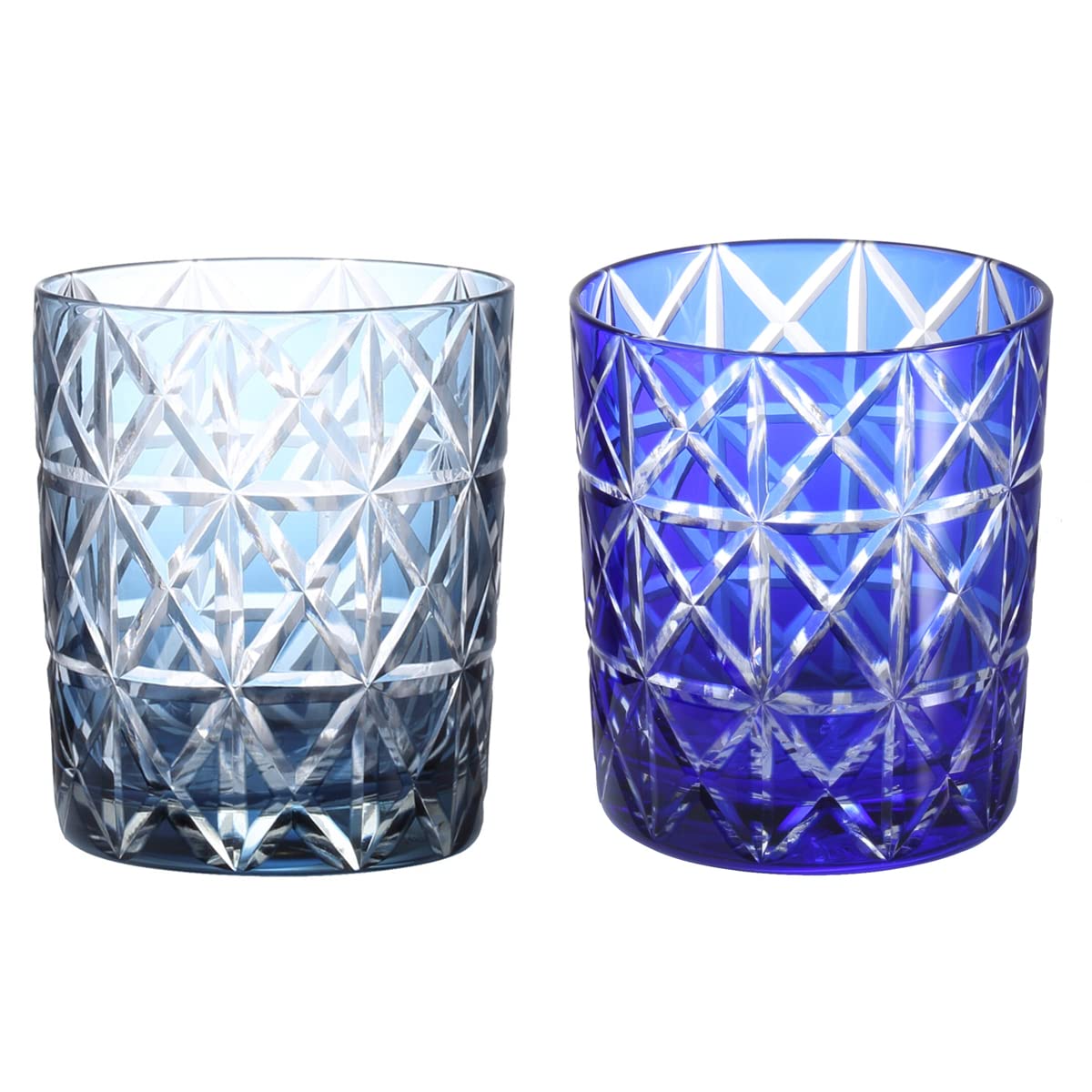 Nostalgia Cut Glass Pair Rock Glasses Cups 280cc Diamond Pattern Ink Blue Blue with Engraved Base Bishou Current Model J-kitchens 80xH90mm &