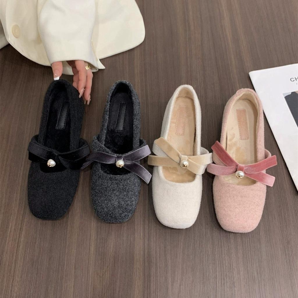 Inner Height Increase Pink Mary Jane Fluffy Shoes Women's Shoes 2024 Autumn and Winter Warm Cotton Shoes Bow Pearl Single Shoes