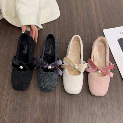 Innere Höhenzunahme rosa Mary Jane flauschige Schuhe Damenschuhe 2024 Herbst und Winter warme Baumwollschuhe Schleife Perle Einzelne Schuhe