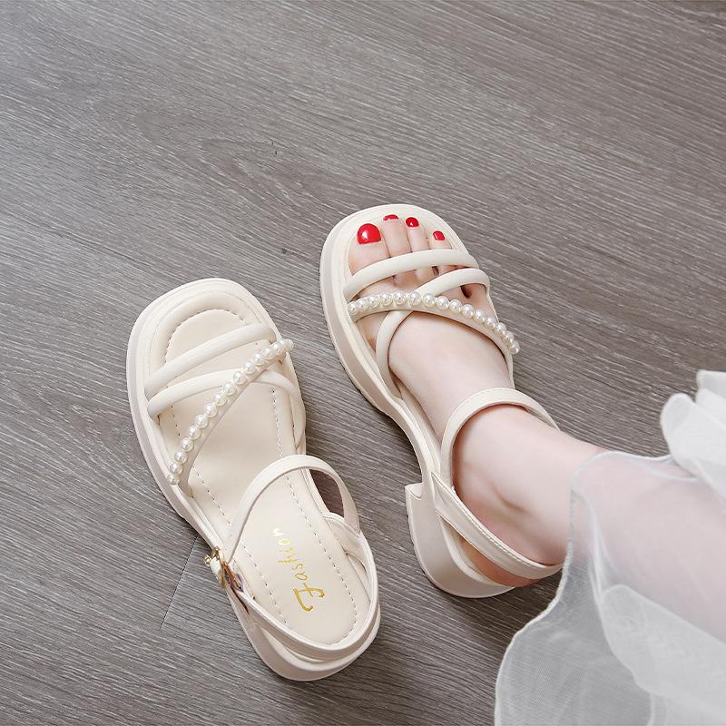One-word Sandals Women's 2025 New Summer Versatile Skirt Pearl Platform Beach Shoes Women