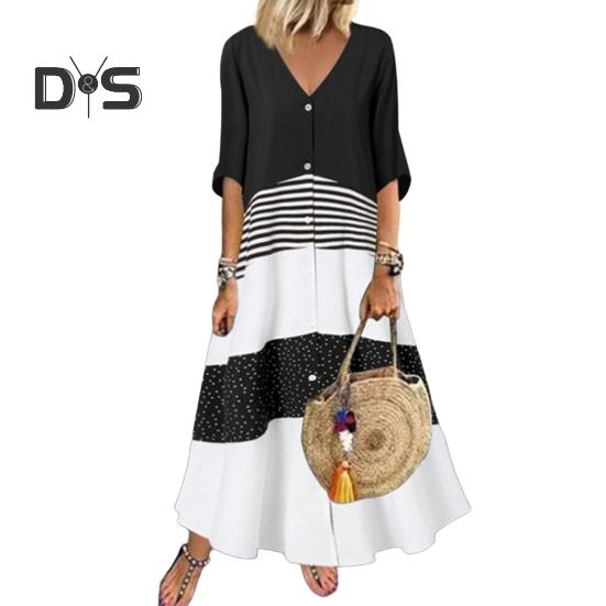 

Летнее макси-платье Контрастного цвета макси-платье Полосатое однобортное платье А-силуэта с коротким рукавом и заплатками в стиле пэчворк S чёрный