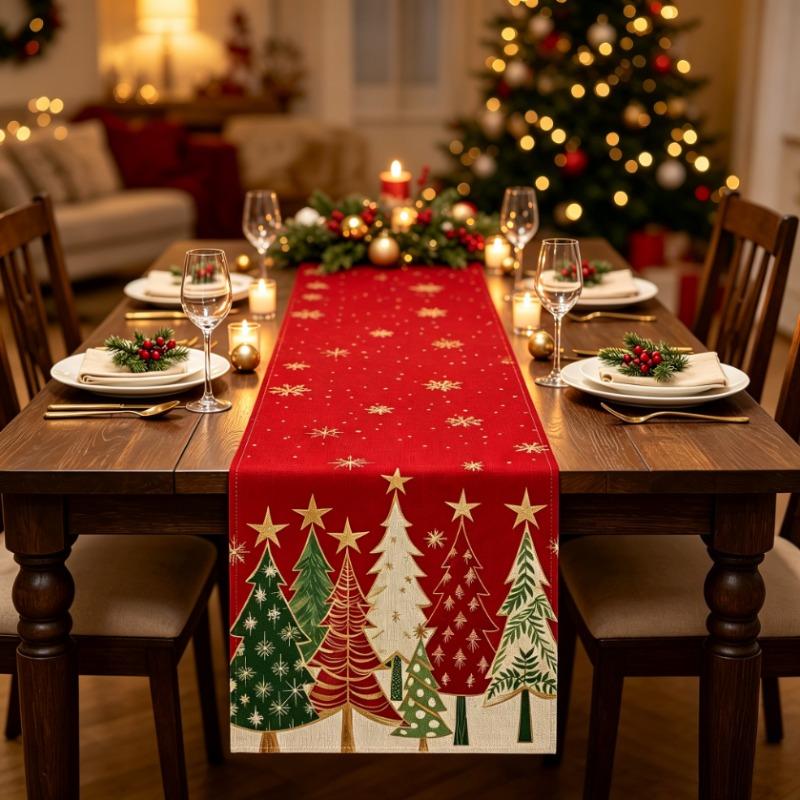 Christmas Table Runner - Rectangular Holiday Table Decoration, Red Christmas Tree Design, Suitable for Holiday Dining