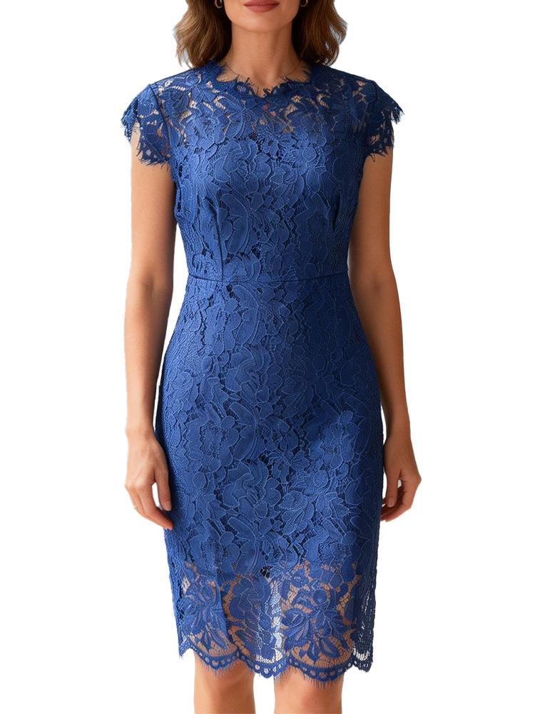 European & American Style Women's Lace Midi Dress - Round Neck, Short Sleeve, Elegant Temperament