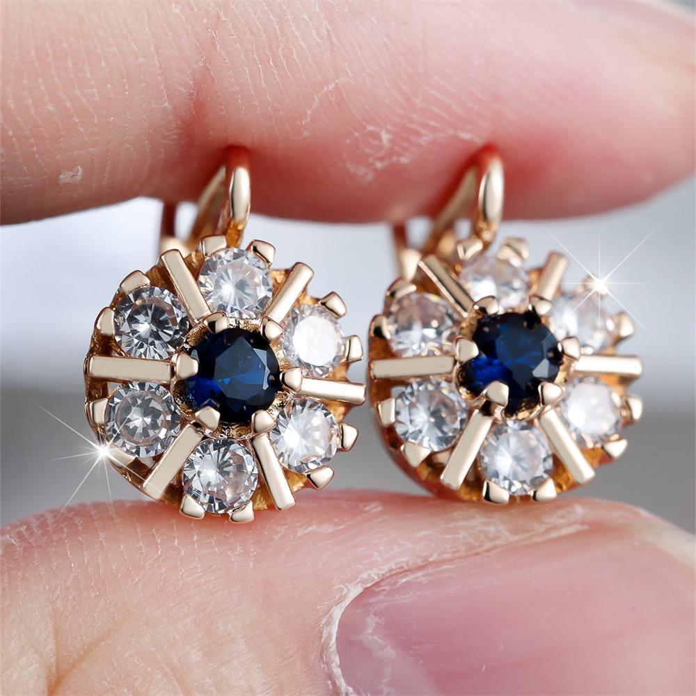 White Zircon Blue Crystal Flower Hoop Earrings For Women Vintage Gold Color Ear Buckle Wedding Jewelry Engagement Gifts