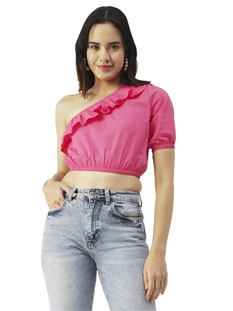 Moomaya Women  S Printed Crop Top, One Shoulder Cotton Casual Summer Top