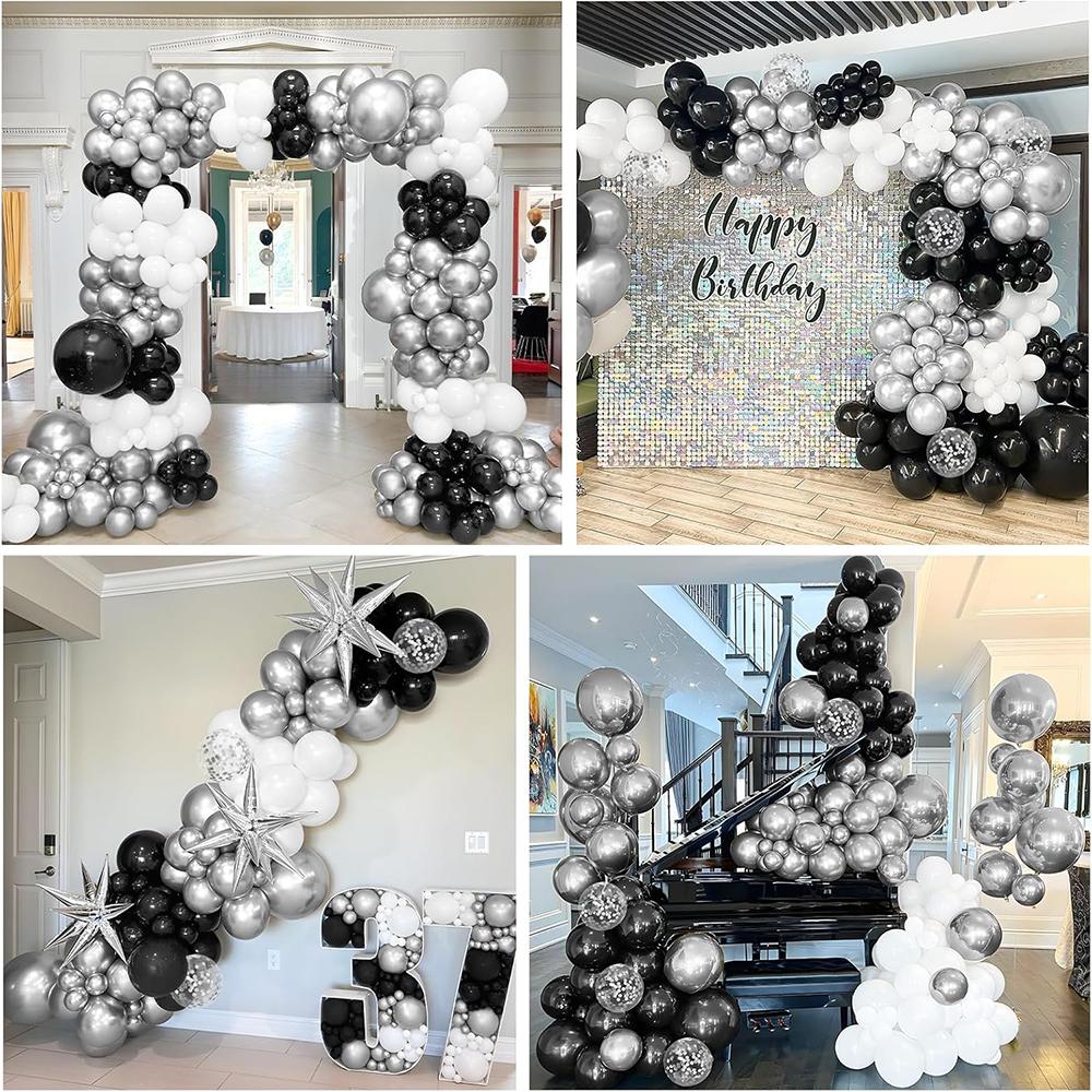 Ghirlanda di Palloncini Bianco Nero Arco di Palloncini Kit con Palloncini Argento Confetti Decorazione Festa di Laurea Compleanno Capodanno Festa in Casa