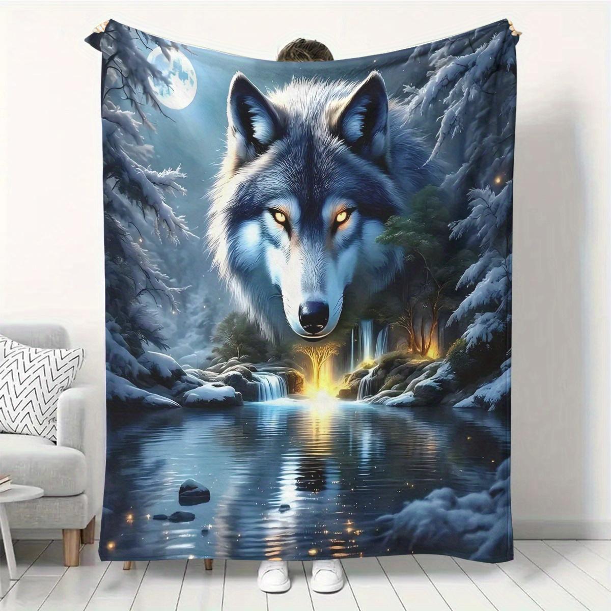 Midnight Wolf Throw Blanket, Mystical Wolf Print Blanket for Sofa Bed Camping Home Decor 75X95CM