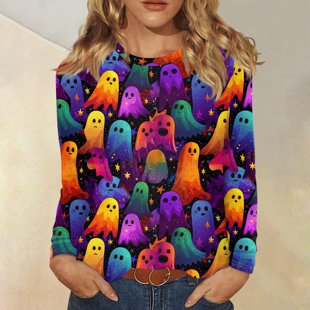 Langarmshirts Für Damen Niedliche Halloween-Print Grafik-T-Shirts Blusen Lässig Große Größen Basis-Oberteile Pullover