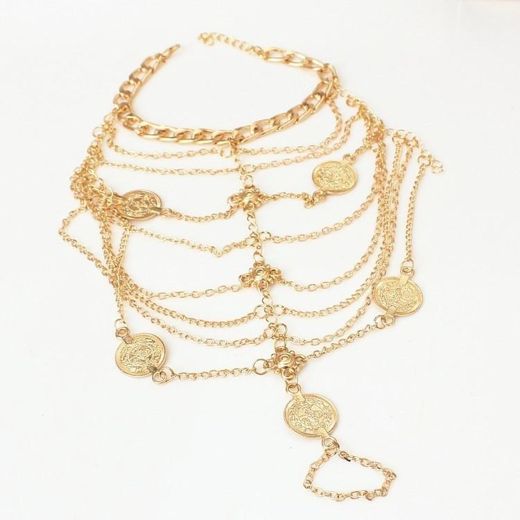 Punk Retro Beach Metal Coin Foot Ornaments Multi-layer Chain Tassel Anklets Ladies Beach Barefoot