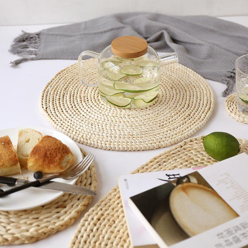 Corn Fur Woven Dining Table Mat Heat Insulation Pot Holder Round Coasters Coffee Drink Tea Cup