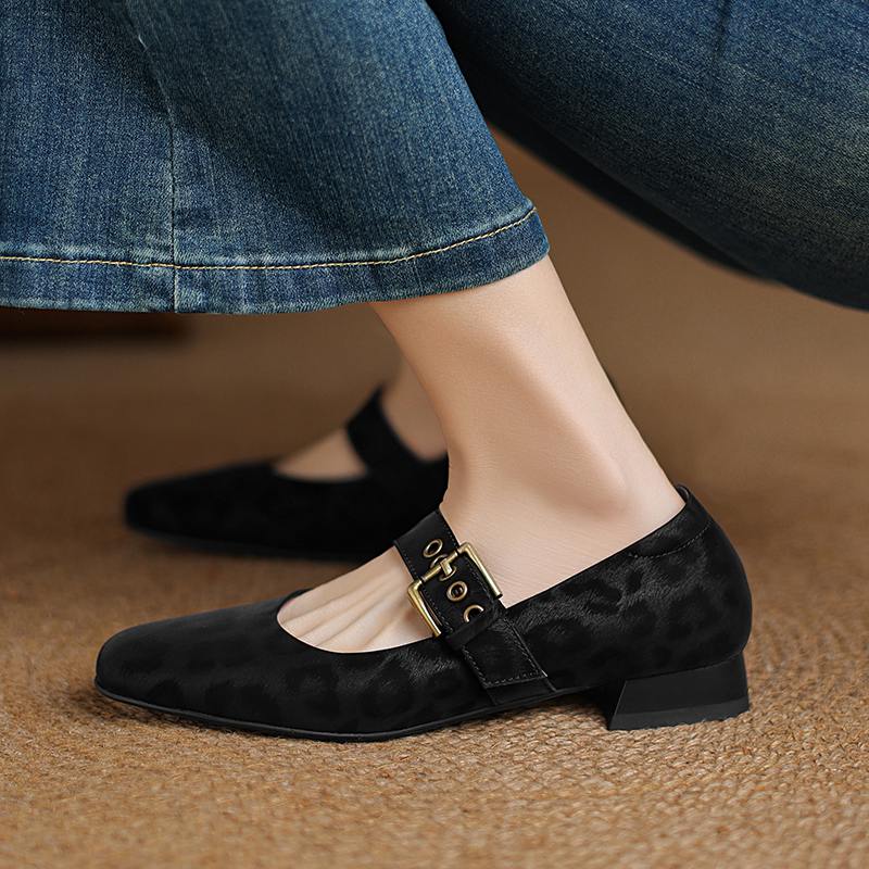 Krazing Pot Cow Skin Spring Summer Size 43 Size 42 Size 41 Thick Low Heels Women Round Toe Leisure Leopard Pumps