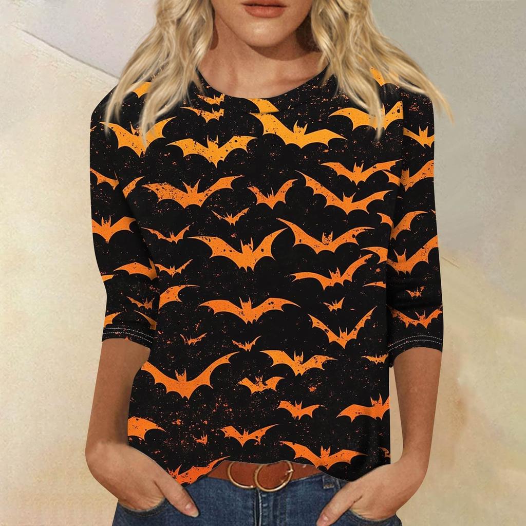 Women's Fashion Casual Round Neck 3/4 Sleeve Loose Printed T-Shirt Ladies Top