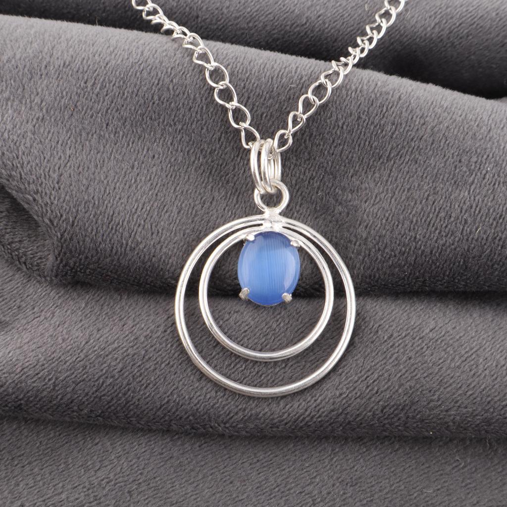 Dunkelblauer Katzenaugen-Edelsteinanhänger, 925 massiver Sterlingsilberschmuck, handgefertigter Designer-Anhänger, Geschenk für Schwester