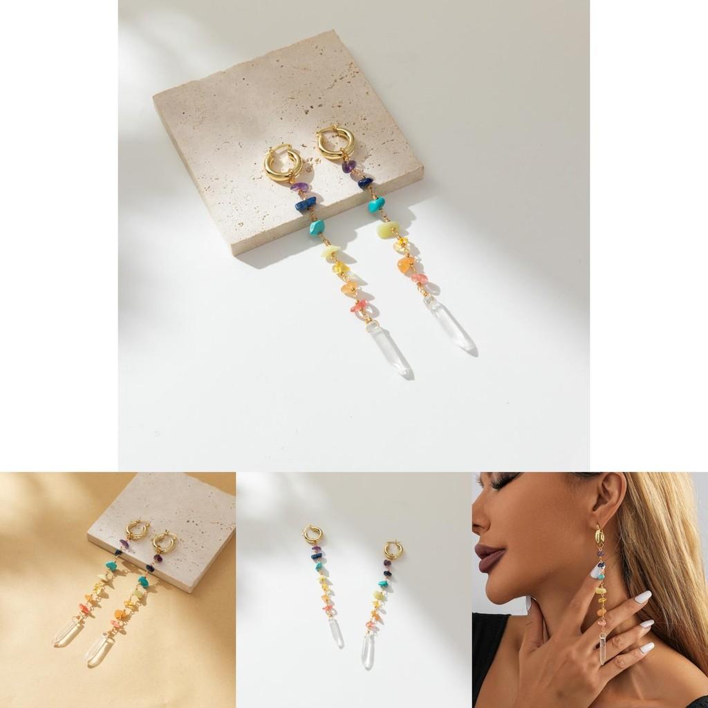 Chic Fall 2023 Colorful Long Natural Stone Earrings Irregular Shape For Trendy Women