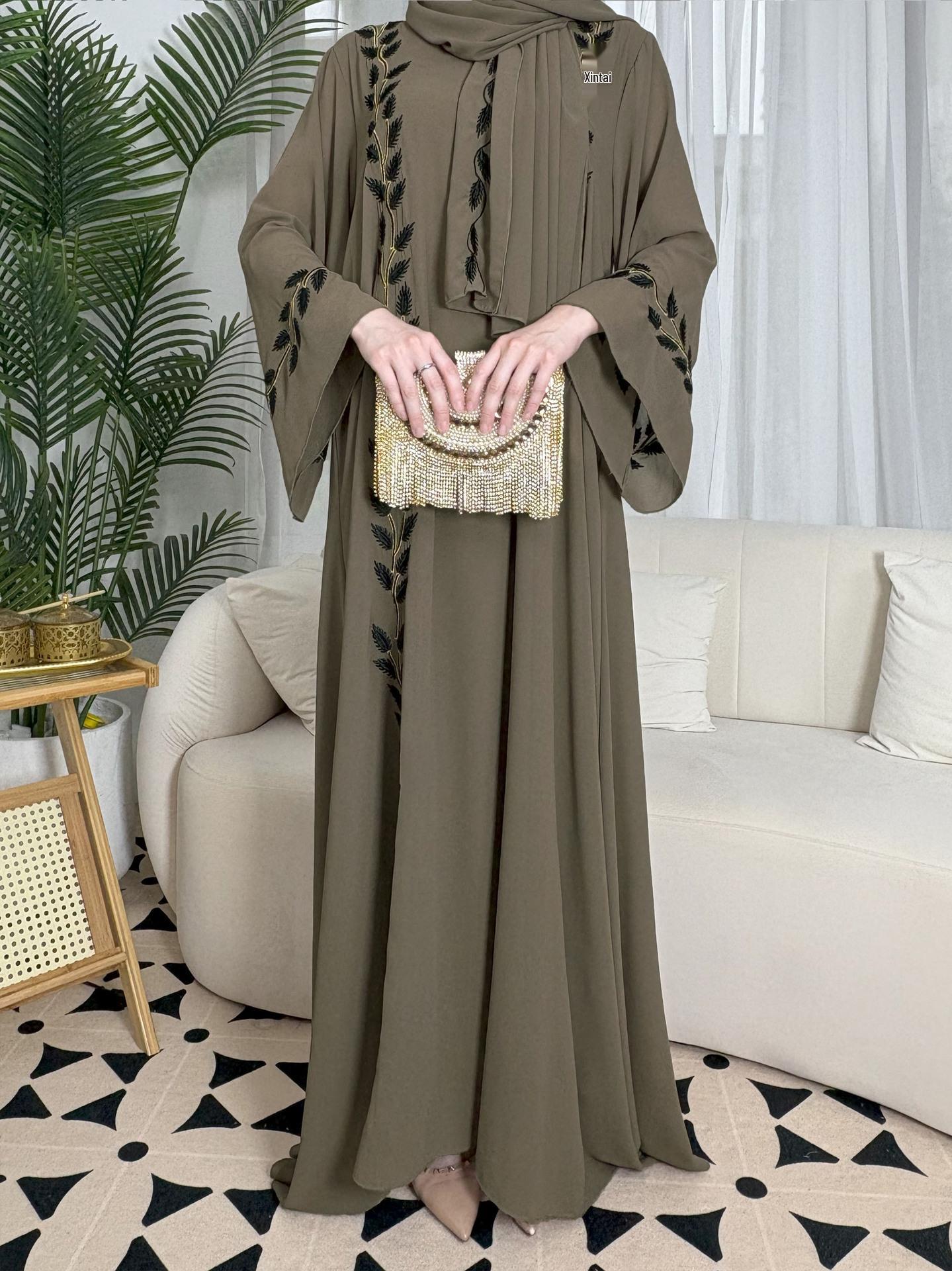 

Turkish Embroidered Chiffon Long Dress with Headscarf XXL коричневый