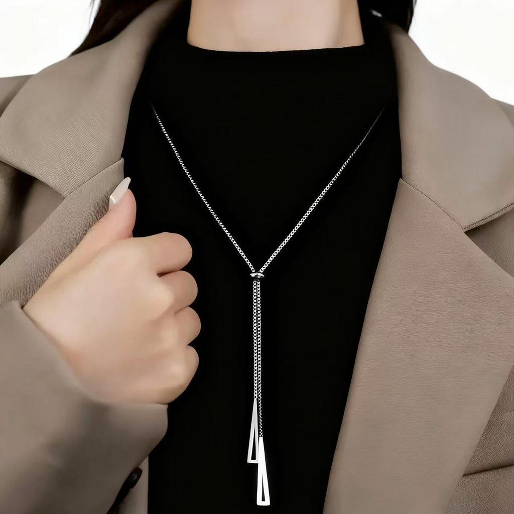 Women's Trendy Geometric Triangle Necklace - Titanium Steel, Long Tassel, Light Luxury Autumn/Winter Sweater Accessory