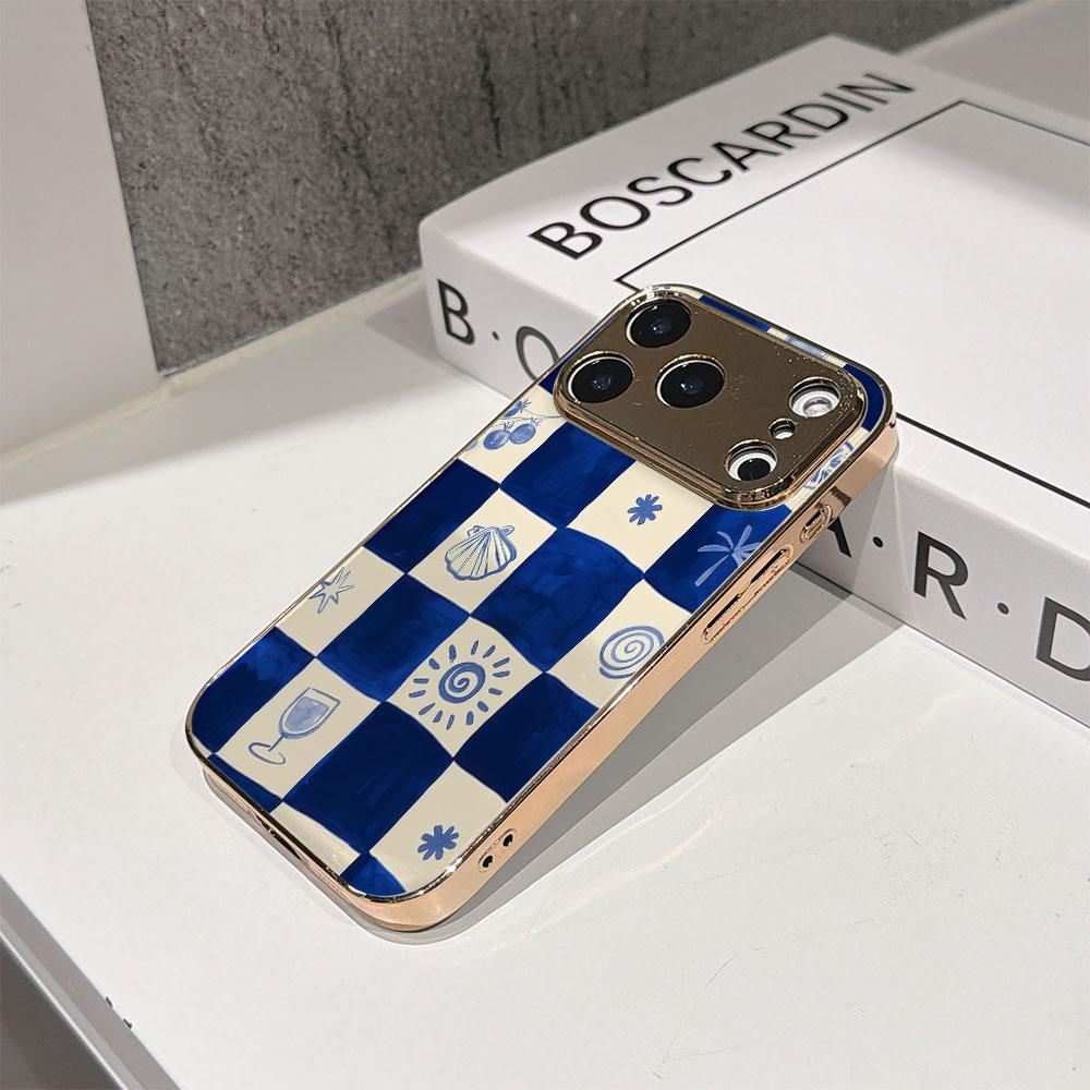Lucky Start Phone Case For iPhone 17 16 15 14 13 12 11 Pro Max 16E Gold Electroplated Glass Shell Blue Checkers Cover