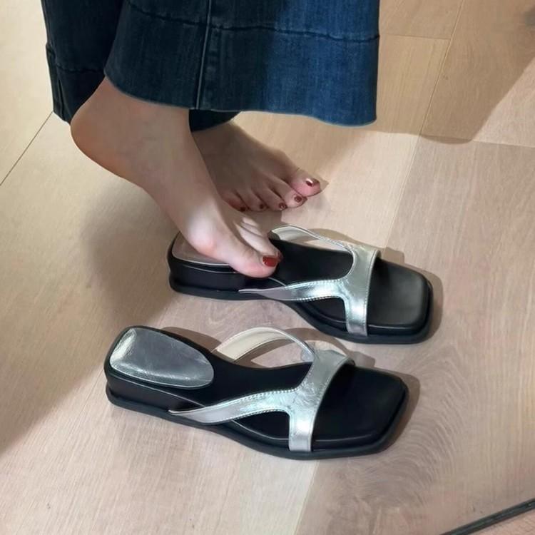 Keep Version~ Korean Version of Simple Outer Wear Thick-soled One-word Slippers Women's Retro Leather Soft-soled Open-toed Simple Cool Slippers