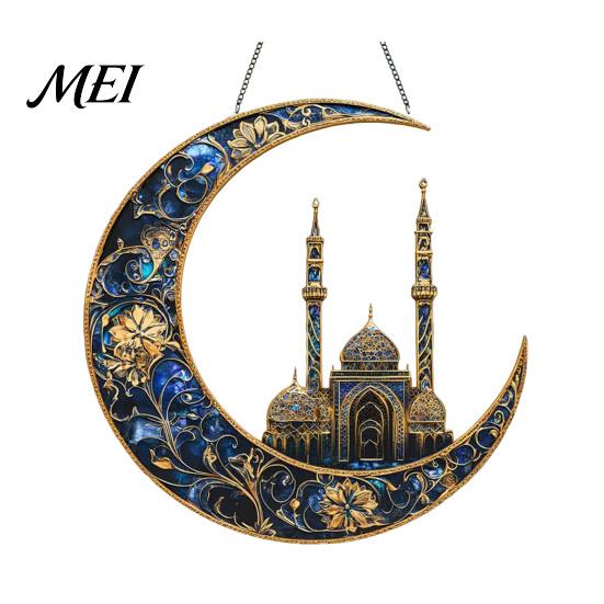 Colorful Glass Suncatcher 2D Acrylic Star Moon Lantern Suncatcher, Crescent Window Hanging Ornament Decoration for Home, Patio, Garden, Ramadan Decor,