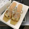 Slippers French Style Vintage Gold Square Toe Elegant High Heels SummerThinBeltGem Thin Heel Open ToeSandals