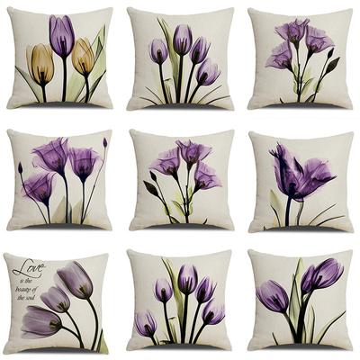 Light Luxury Plant Floral Linen Pillowcase Purple Tulip Digital Print Pillowcase Sofa