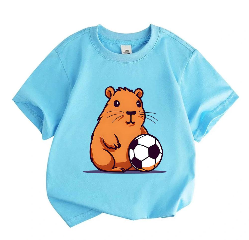 Cute Cartoon Capybara with Soccer Ball Kids T-Shirt 100% Cotton Casual Short Sleeve Round Neck Tee for Boys Girls Soft Breathable Summer Top Daily Pla