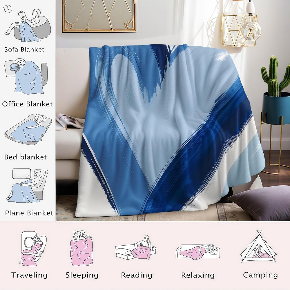 Indigo Brush Heart Flannel Blanket Warm Soft Halloween Christmas Couch Warm Cozy Decorative Decor Gift for All Season